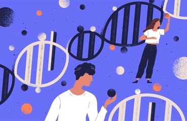 Researchers holding DNA molecules flat vector illustration. Man and women study genetic engineering cartoon characters. Genome mutation. Scientists investigate chromosome structure. Gene manipulation.