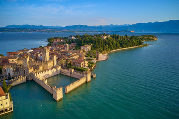 Wall Mural - Rocca Scaligera Castle in Sirmione Lake Garda Italy. Aerial view.