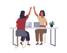 Employees In Coworking Open Office Flat Vector Illustration. Women Giving High Five At Workplace Cartoon Characters. Corporate Workers Using Laptops. Happy Smiling Female Coworkers Isolated Clipart.