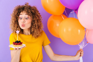 Poster - Image of happy caucasian woman celebrating birthday with multicolored air balloons and piece of pie