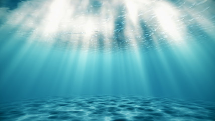 Bright blue ocean surface seen from underwater. Beams of sunlight shining through. 3d rendering - illustration.