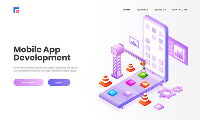 Wall Mural - Isometric illustration of multiple application, apps under maintenance by tower crane in smartphone screen for Mobile App Development concept based landing page design.