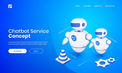 Wall Mural - 3d illustration of android robots with cone and cog wheel on blue background for chatbot service con