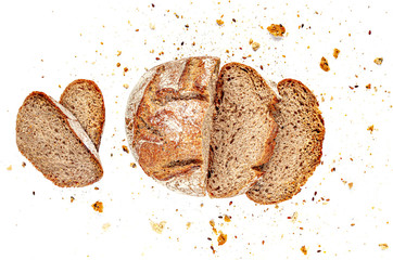 Sliced Multigrain bread isolated on a white background. Rye Bread  slices with crumbs. Top view. Close up