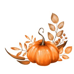 Beautiful composition with pumpkin and fall branches. Isolated on white background.