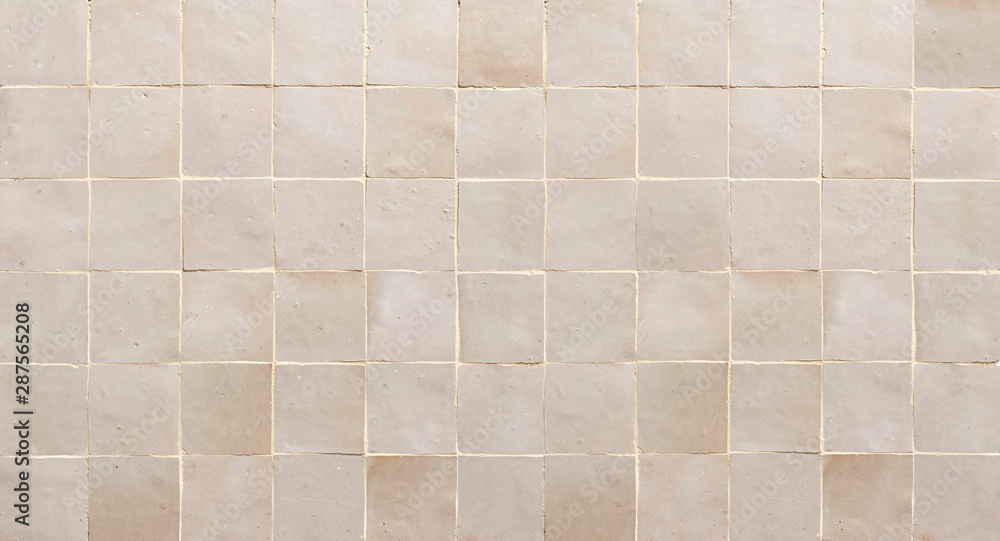 Old retro beige ceramic tile texture background. Beige square tiled wall. - obrazy, fototapety, plakaty 
