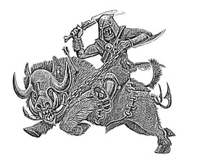 Poster - Orc on the boar. Fantasy pencil drawing. Monster creature illustration.