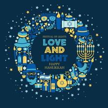 Jewish Holiday Hanukkah Greeting Card Traditional Chanukah Symbols- Dreidels Spinning Top, Donuts, Menorah Candles, Oil Jar, Star David Illustration In Wreath.