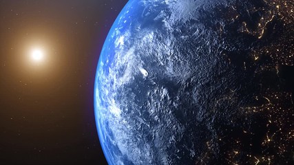 Wall Mural - Realistic Planet Earth, world from space. Detailed home, rotating horizon with beautiful perspective. High quality 4K Animation of world and sun light. 