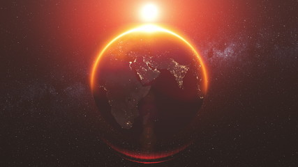 Wall Mural - motion graph sun shines rotating planet earth silhouette approaches creating halo and making screen 