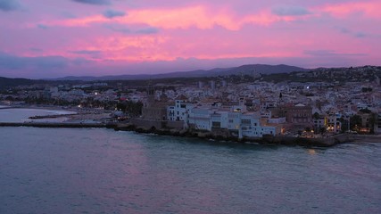 Wall Mural - Barcelona Sitges Spain. Church of San Bartolome and Santa Tecla. Aerial drone photo from sea