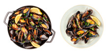 Moules Mariniere Set. Boiled Mussels In A Pan And On A Plate, Isolated On A White Background