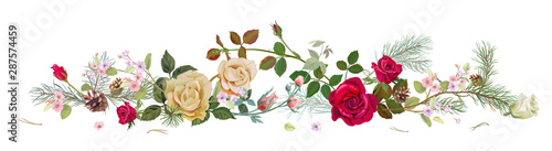 Panoramic view with white, red roses, spring blossom, pine branches, cones. H...