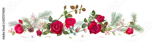 Panoramic view with red, pink roses, spring blossom, pine branches, cones. Ho...