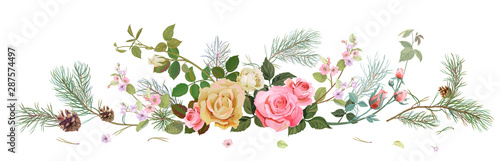 Panoramic view with white, pink roses, spring blossom, pine branches, cones. ...
