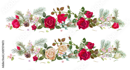 Panoramic view with white, red roses, spring blossom, pine branches, cones. H...