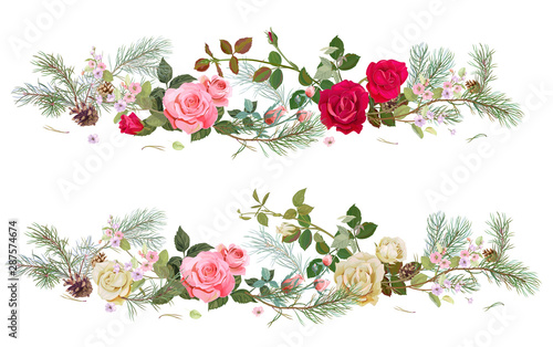 Panoramic view with white, pink roses, spring blossom, pine branches, cones. ...