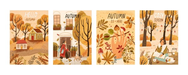 Autumn mood hand drawn poster templates set. Fall season nature flat vector illustrations. People enjoying cozy pastime, reading book, gathering mushrooms, chestnuts. Welcoming autumn postcards pack.