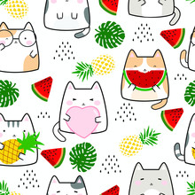 Seamless Pattern Kawaii Cute Cats, Cartoon Animals Background, Vector Illustration