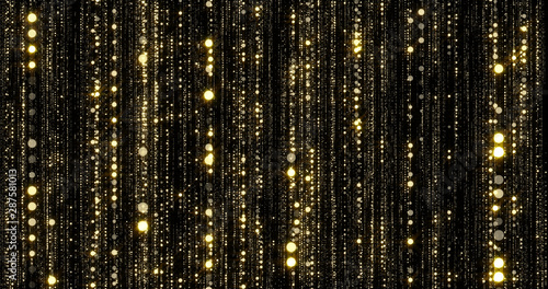 Golden glitter threads curtain, flowing light particles with bokeh sparks Fototapeta