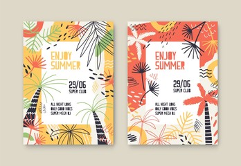 Enjoy summer party vector poster templates set. Open air festival invitation decorated with palm trees and tropical exotic leaves. Music fest tickets collection. Dance party, dj concert placard design