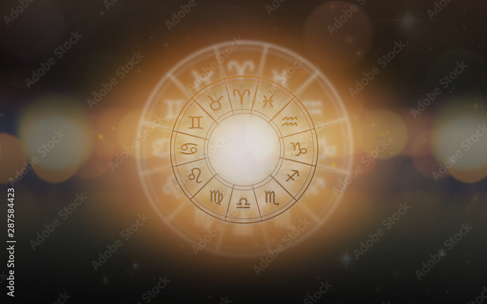 Zodiac sign horoscope astrology for foretell and fortune telling education course concept with horoscopic wheel on and constellation background - obrazy, fototapety, plakaty 