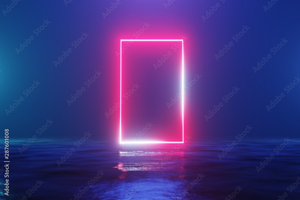 Glowing neon red rectangle, portal, gate. Fantastic scene. 3d rendering - obrazy, fototapety, plakaty 