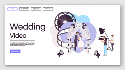 Wall Mural - Wedding video landing page vector template. Videography website interface idea with flat illustrations. Personal events celebration photoshoot homepage layout. Web banner, webpage cartoon concept