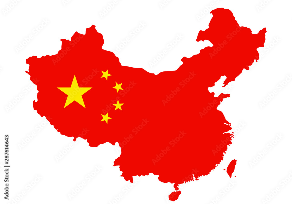 Outlined People's Republic of China map country silhouette in national flag stile vector drawing template for your design.  - obrazy, fototapety, plakaty 