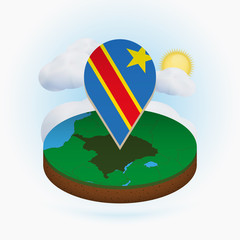 Wall Mural - Isometric round map of DR Congo and point marker with flag of DR Congo. Cloud and sun on background.