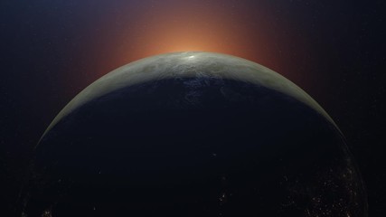 Wall Mural - Planet earth from space. Realistic 3D rendering the World and rising sun, sunrise. Business and Technology concept. Blue, beautiful home. High quality 4K animation. 