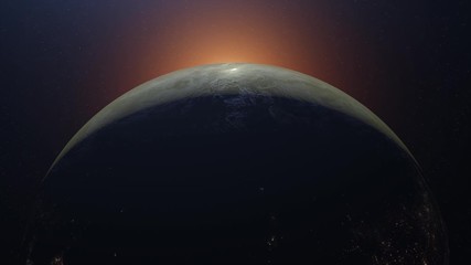 Wall Mural - Planet Earth, world from space. 3 different style 3D rendering of rising sun over the Earth from deep galaxy. Mix of World High Quality detailed animation