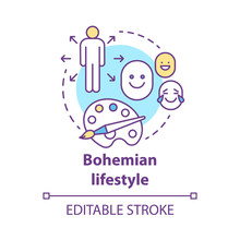 Bohemian Lifestyle Concept Icon. Unconventional Person With Few Permanent Ties Idea Thin Line Illustration. Artistic, Literary, Theatrical Goals. Vector Isolated Outline Drawing. Editable Stroke
