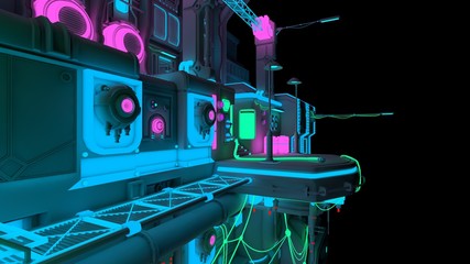 3D illustration of a futuristic building with bright neon lights. Cyberpunk neon night. Beautiful techno wallpaper.