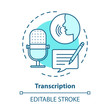 Transcription blue concept icon. Audio files conversion into text format idea thin line illustration. Representation of language in written form. Vector isolated outline drawing. Editable stroke