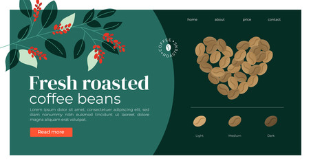 website template for coffee roasters company. heart shaped coffee beans. infographic with degree of 