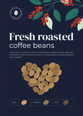 Wall Mural - Advert poster for coffee roasters company. Heart shaped coffee beans. Infographic with degree of roast: light, medium, dark. Design for banner, placard, merchandising, layout, prints, flyer, booklet.