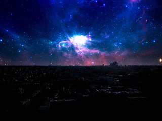 Wall Mural - night sky with many stars over urban city landscape