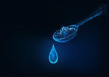 Futuristic Glowing Low Polygonal Spoon And Liquid Medicines Drop Isolated On Dark Blue Background.