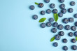 © New Africa - Tasty ripe blueberries and leaves on blue background, flat lay with space for text