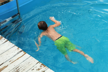 Poster - Little child in outdoor swimming pool. Dangerous situation