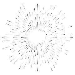Poster - Dots radial burst lines. Irregular lines, half-tone beams, rays. Radiating, converging trail lines. Circular array of dotted lines