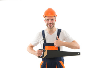 Sharp and effective. Repair service. Repair and renovation concept. Handyman home repair. Repairing and renovating. Home improvement. Man in helmet laborer on white background. Repair workshop