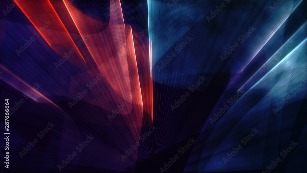 Laser neon red and blue light rays flash and glow. Festive concert club and music hall abstract 3D illustration for pop, rock, rap music show. Colorful design overlay - obrazy, fototapety, plakaty 