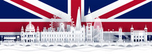 England Flag And Famous Landmarks In Paper Cut Style Vector Illustration. 