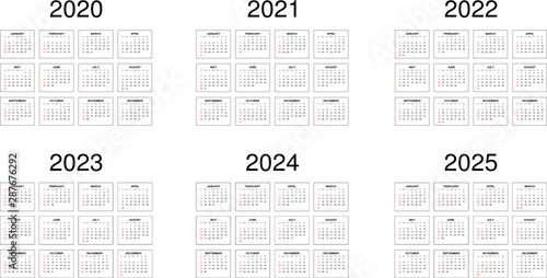 Six years calendar - 2020, 2021, 2022, 2023, 2024 and 2025. Stock ...