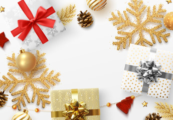 Wall Mural - Christmas background with decorative Xmas elements of design. Gift box, shining gold glitter snowflake, golden ball, decorative bauble, Greeting card, template banner, web poster vector Illustration.