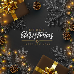 Christmas banner. Background Xmas design of sparkling lights garland, realistic gifts box, black snowflake and glitter gold. Christmas poster, greeting cards, headers, website. Stylish black pattern