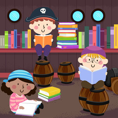 Wall Mural - Kids Read Books Pirate Library Illustration