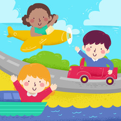 Canvas Print - Kids Wave Diff Transportation Illustration